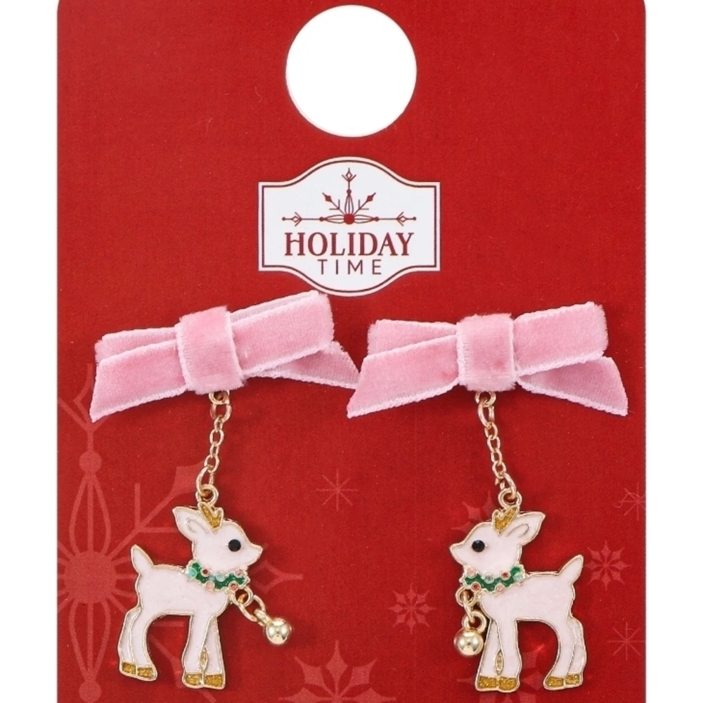 Holiday Time Pink Bow Reindeer Earrings